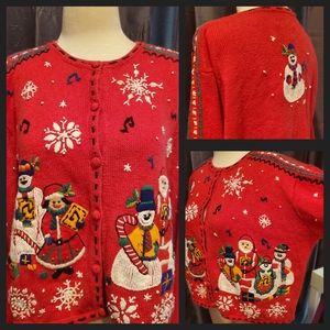 Vintage Christmas Cardigan Sweater Snowman Santa Snowflakes